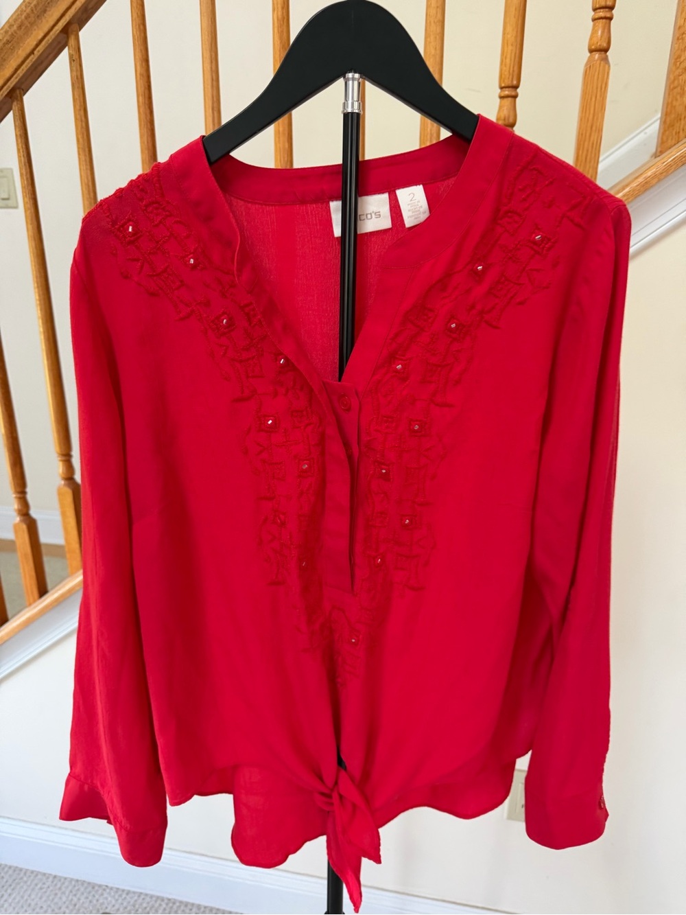 Chico's Bright Red Embroidered Tie-Front Blouse